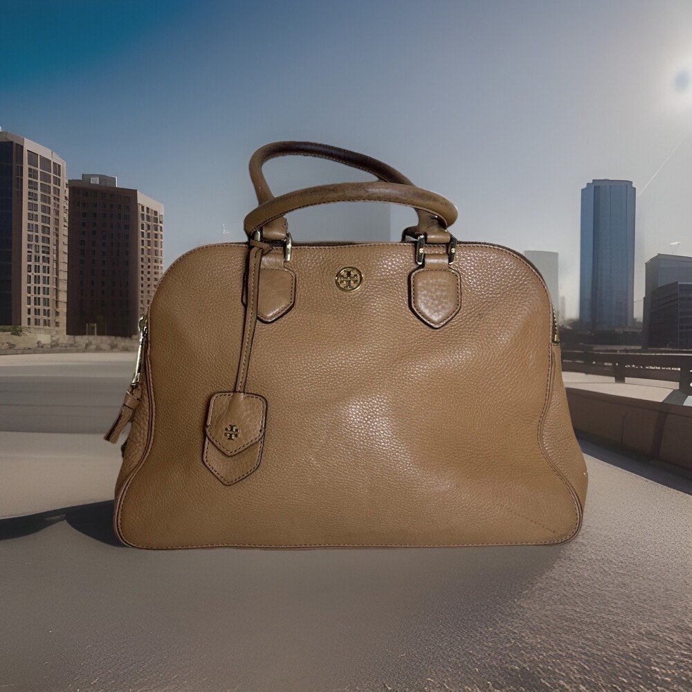 Tory Burch Robinson Cognac Brown Pebbled Leather Triple-Zip Satchel Tote Bag